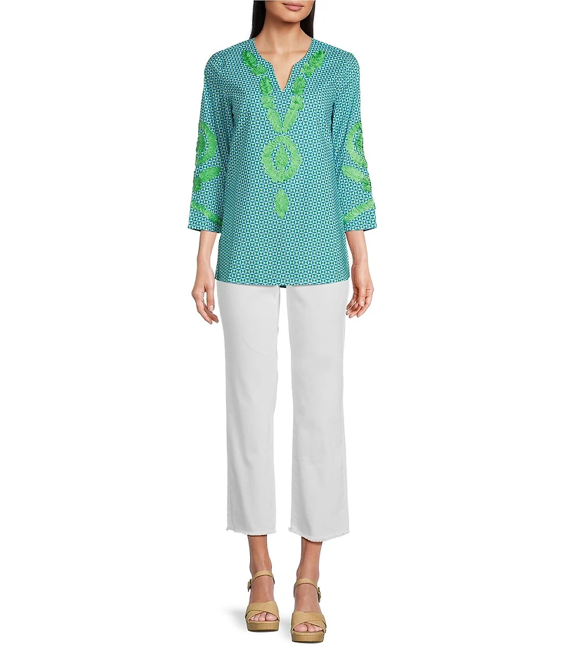 Calessa Embroidered Retro Printed Split V-Neck 3/4 Sleeve Tunic