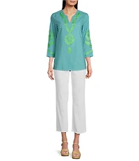 Calessa Embroidered Retro Printed Split V-Neck 3/4 Sleeve Tunic