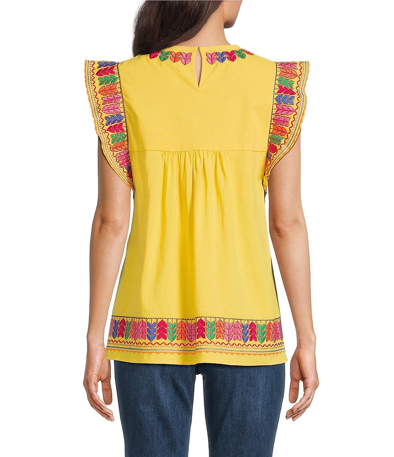 Calessa Embroidered Round Neck Ruffle Cap Sleeve Tunic