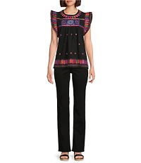 Calessa Embroidered Round Neck Ruffled Cap Sleeve Tunic