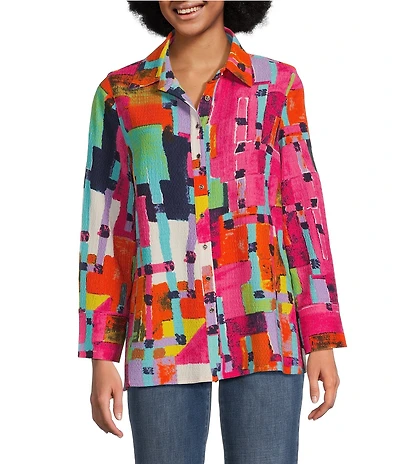 Calessa Textured Crinkle Long Sleeve Button Front Tunic