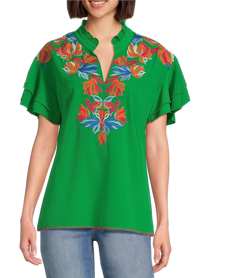 Calessa Embroidered Ruffle Double Layer Short Sleeve Top