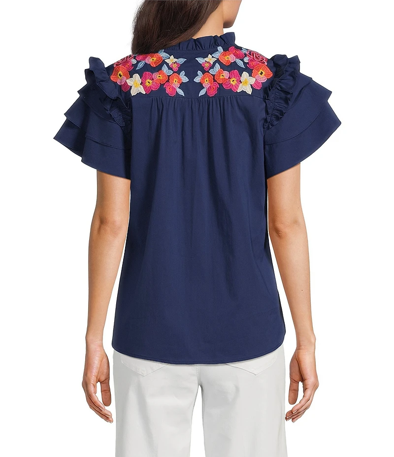 Calessa Embroidered Ruffle Double Layer Cap Sleeve Top