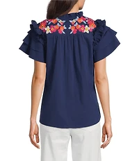Calessa Embroidered Ruffle Double Layer Cap Sleeve Top