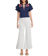 Calessa Embroidered Ruffle Double Layer Cap Sleeve Top
