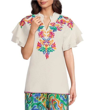 Calessa Embroidered Ruffle Double Layer Short Sleeve Top