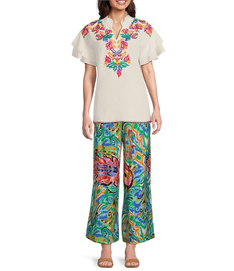 Calessa Embroidered Ruffle Double Layer Short Sleeve Top