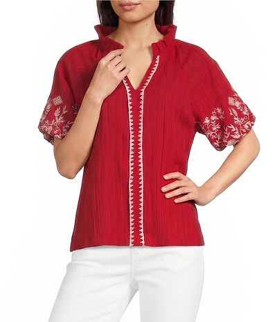 Calessa Embroidered Ruffle Split Round Neck Short Sleeve Tunic
