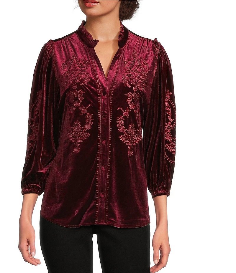 Calessa Embroidered Ruffle Split V-Neck 3/4 Sleeve Button Front Velvet Tunic