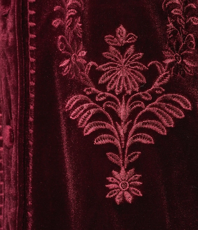 Calessa Embroidered Ruffle Split V-Neck 3/4 Sleeve Button Front Velvet Tunic