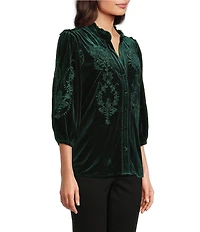 Calessa Embroidered Ruffle Split V-Neck 3/4 Sleeve Button Front Velvet Tunic