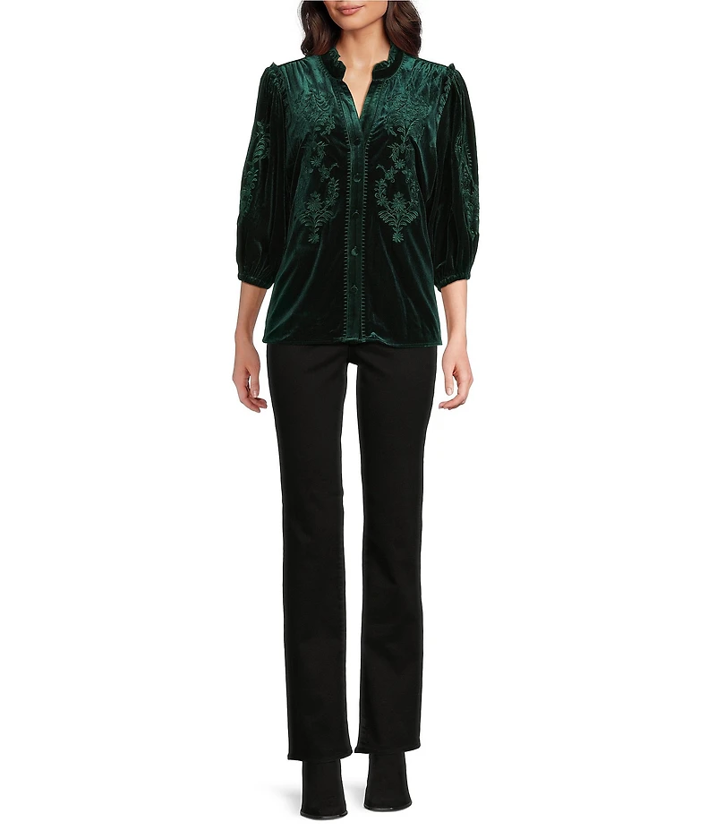 Calessa Embroidered Ruffle Split V-Neck 3/4 Sleeve Button Front Velvet Tunic