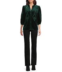 Calessa Embroidered Ruffle Split V-Neck 3/4 Sleeve Button Front Velvet Tunic