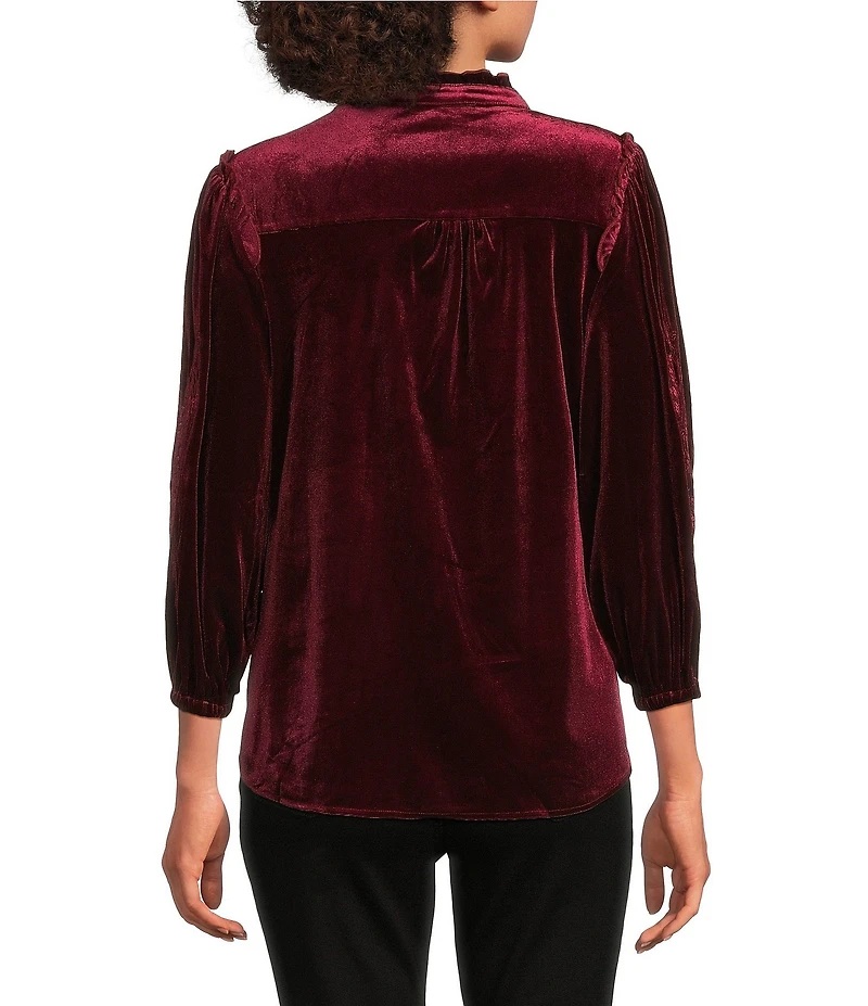 Calessa Embroidered Ruffle Split V-Neck 3/4 Sleeve Button Front Velvet Tunic