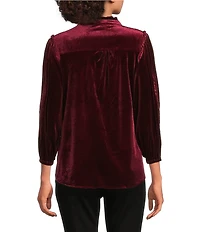 Calessa Embroidered Ruffle Split V-Neck 3/4 Sleeve Button Front Velvet Tunic