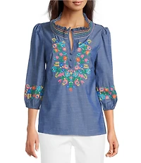 Calessa Embroidered Ruffle Split V-Neck 3/4 Sleeve Tunic