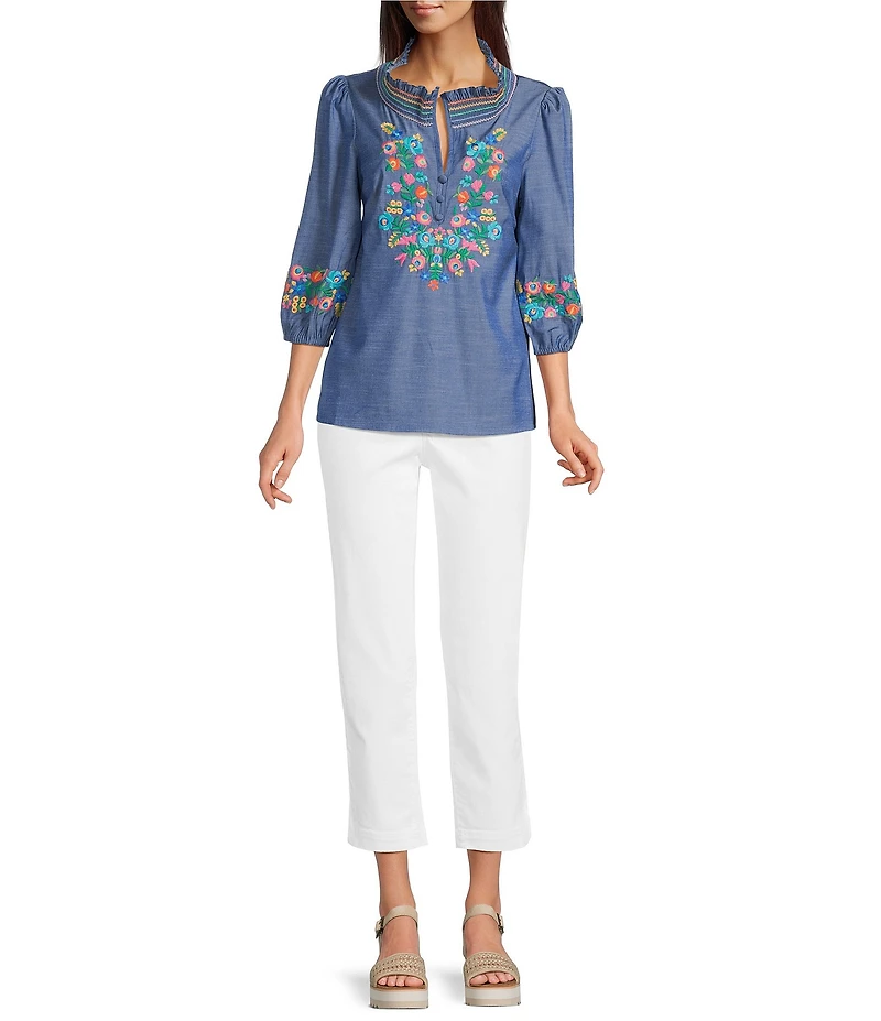 Calessa Embroidered Ruffle Split V-Neck 3/4 Sleeve Tunic