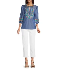 Calessa Embroidered Ruffle Split V-Neck 3/4 Sleeve Tunic