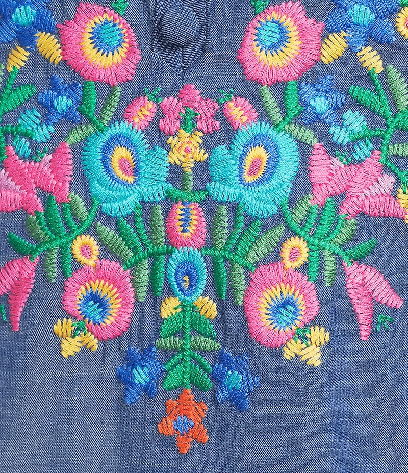 Calessa Embroidered Ruffle Split V-Neck 3/4 Sleeve Tunic