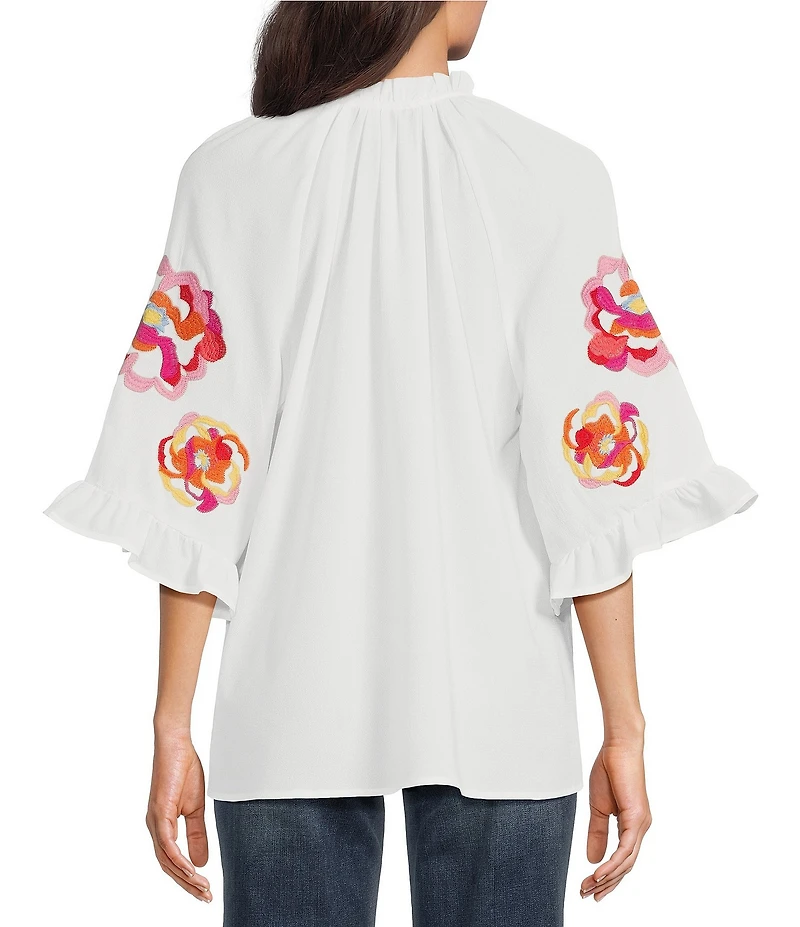 Calessa Embroidered Ruffle Split V-Neck Elbow Sleeve Tunic