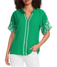 Calessa Embroidered Ruffle Split V-Neck Short Sleeve Tunic