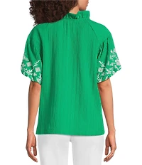 Calessa Embroidered Ruffle Split V-Neck Short Sleeve Tunic