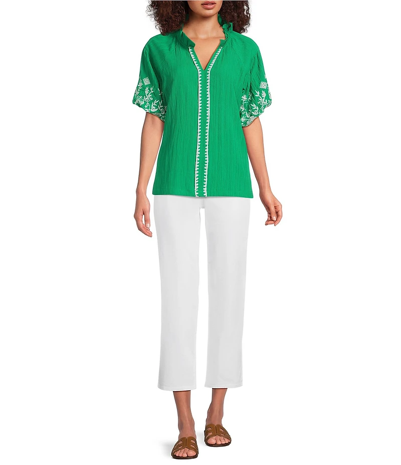 Calessa Embroidered Ruffle Split V-Neck Short Sleeve Tunic