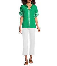 Calessa Embroidered Ruffle Split V-Neck Short Sleeve Tunic