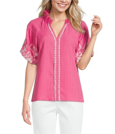 Calessa Embroidered Ruffle Split V-Neck Short Sleeve Tunic