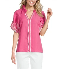 Calessa Embroidered Ruffle Split V-Neck Short Sleeve Tunic