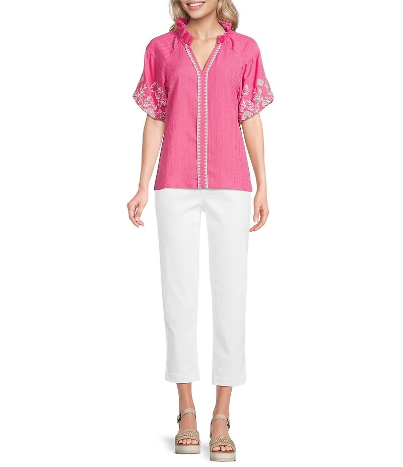 Calessa Embroidered Ruffle Split V-Neck Short Sleeve Tunic