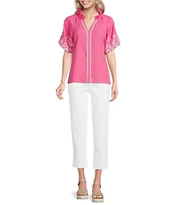 Calessa Embroidered Ruffle Split V-Neck Short Sleeve Tunic