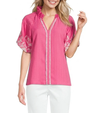 Calessa Embroidered Ruffle Split V-Neck Short Sleeve Tunic