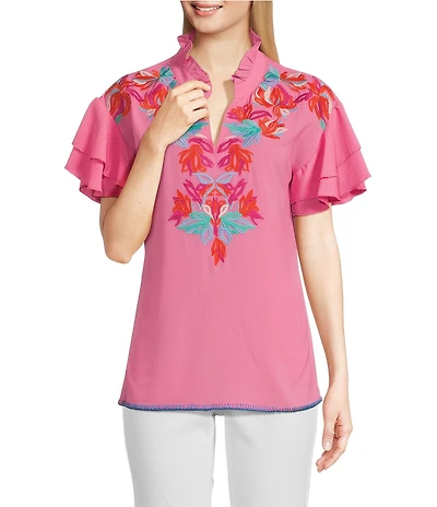 Calessa Embroidered Ruffled V-Neck Cap Sleeve Shirttail Hem Top