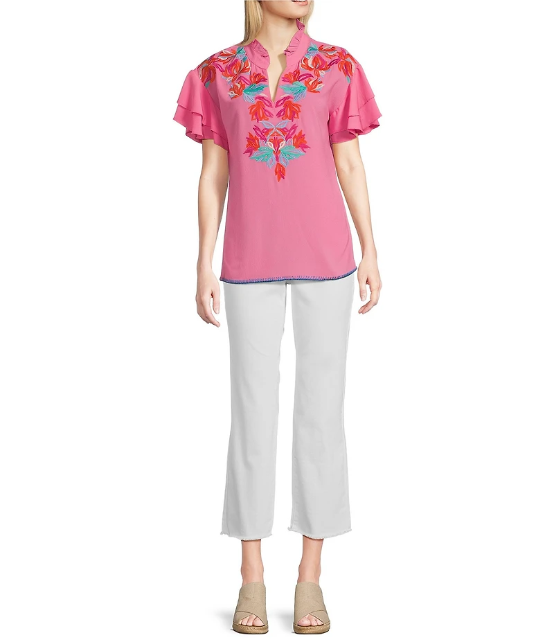 Calessa Embroidered Ruffled V-Neck Cap Sleeve Shirttail Hem Top