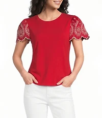 Calessa Embroidered Scalloped Short Sleeve Crew Neck Knit Top