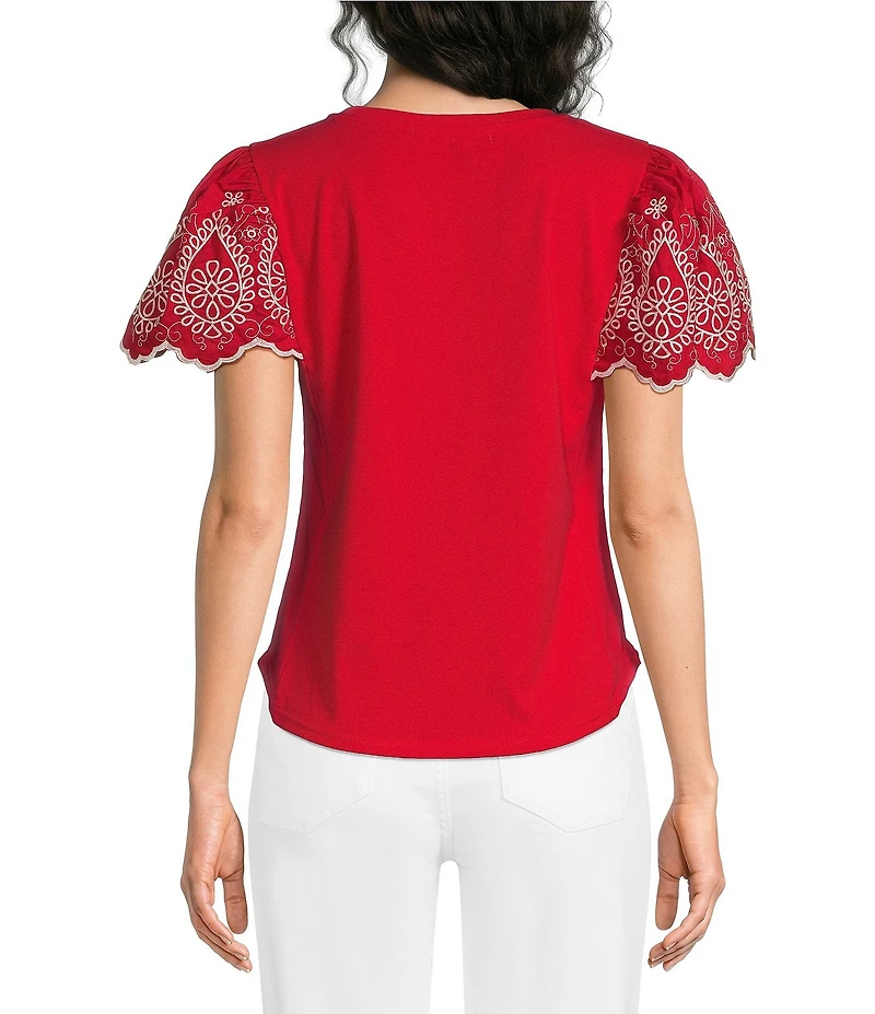 Calessa Embroidered Scalloped Short Sleeve Crew Neck Knit Top