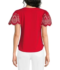 Calessa Embroidered Scalloped Short Sleeve Crew Neck Knit Top