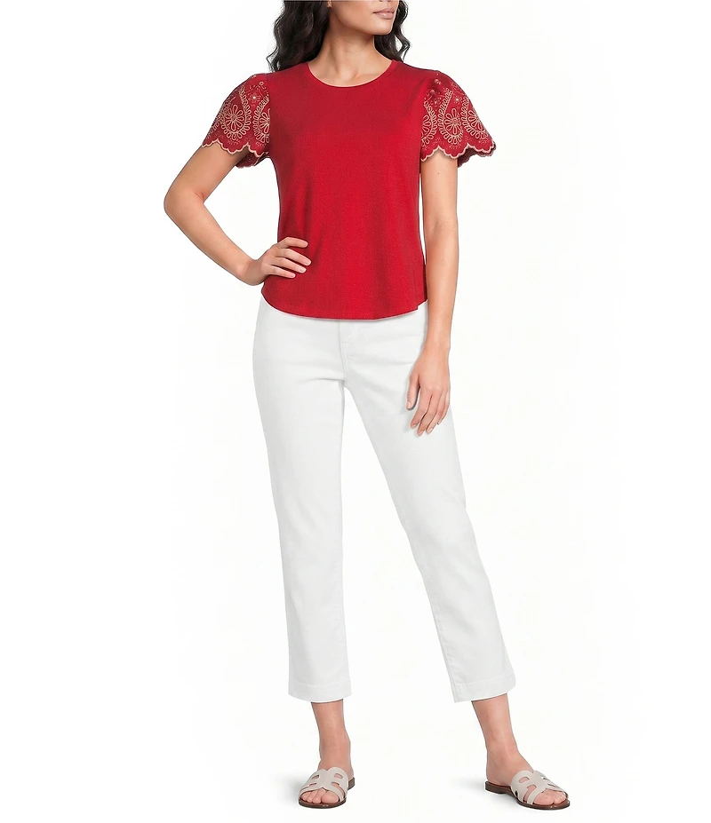 Calessa Embroidered Scalloped Short Sleeve Crew Neck Knit Top