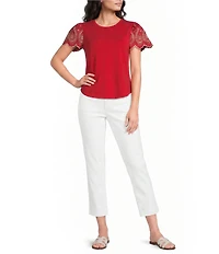 Calessa Embroidered Scalloped Short Sleeve Crew Neck Knit Top