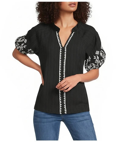Calessa Embroidered Short Sleeve Ruffle Split V-Neck Tunic