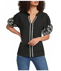 Calessa Embroidered Short Sleeve Ruffle Split V-Neck Tunic