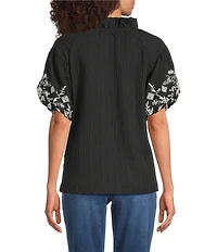 Calessa Embroidered Short Sleeve Ruffle Split V-Neck Tunic