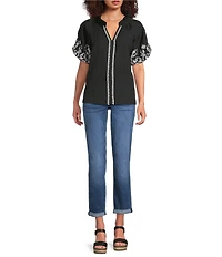 Calessa Embroidered Short Sleeve Ruffle Split V-Neck Tunic