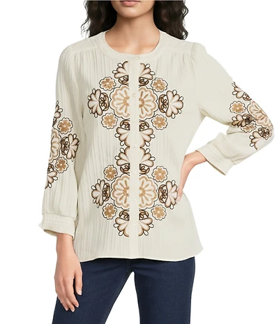 Calessa Embroidered Split Neck Tie Detail Wrist Length Sleeve Tunic