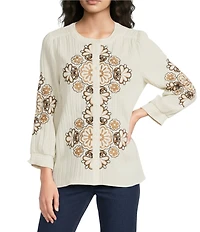 Calessa Embroidered Split Neck Tie Detail Wrist Length Sleeve Tunic