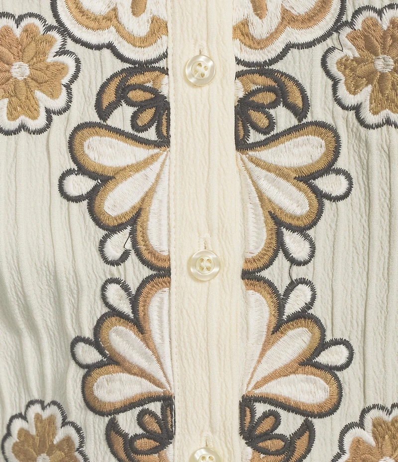 Calessa Embroidered Split Neck Tie Detail Wrist Length Sleeve Tunic