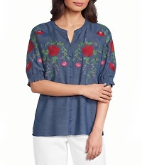 Calessa Embroidered Split Round Neck Elbow Raglan Sleeve Top