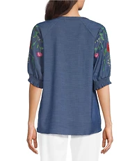 Calessa Embroidered Split Round Neck Elbow Raglan Sleeve Top