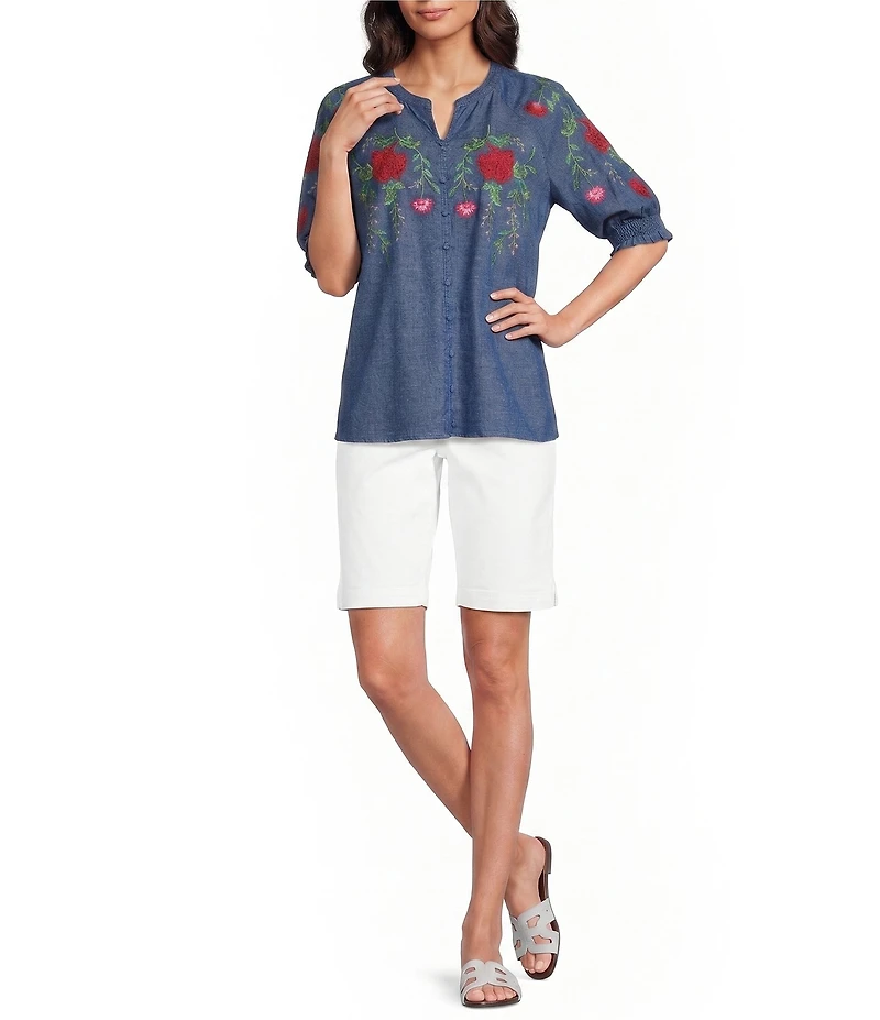 Calessa Embroidered Split Round Neck Elbow Raglan Sleeve Top